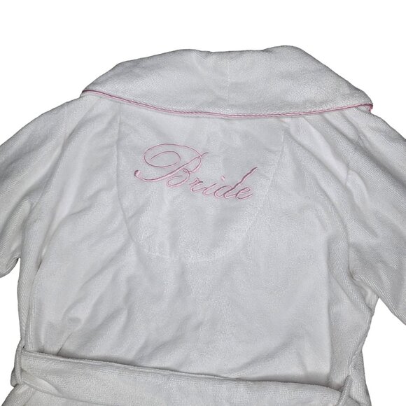 BRIDE robe Rosegate White Terry Cloth  With Pink Trim & Embroidery sz L wedding - Picture 1 of 7